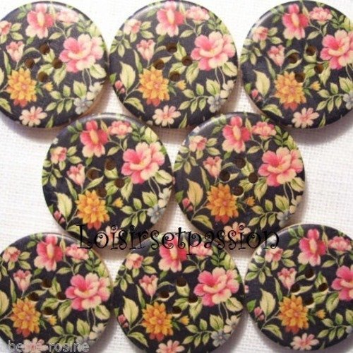 30/008 ** 3 cm / 30 mm **  bouton rond bois vernis décoré - fleurs roses - couture mode vintage