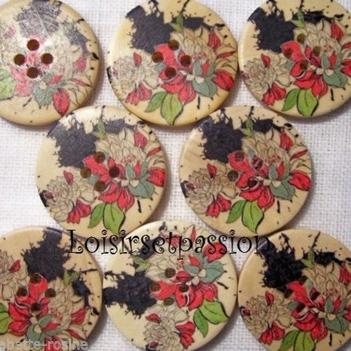 30/009 ** 3 cm / 30 mm **  bouton rond bois vernis décoré - bouquet de fleurs - couture mode vintage