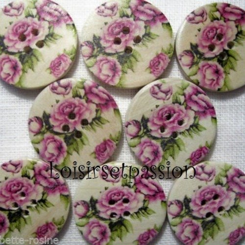 30/010 ** 3 cm / 30 mm **  bouton rond bois vernis décoré - tige fleurs roses - couture mode vintage