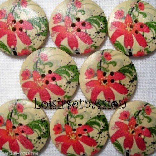30/013 ** 3 cm / 30 mm **  bouton rond bois vernis décoré - fleur rouge - couture mode vintage