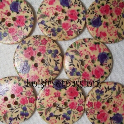 30/016 ** 3 cm / 30 mm **  bouton rond bois vernis décoré - fleurs roses - couture mode vintage