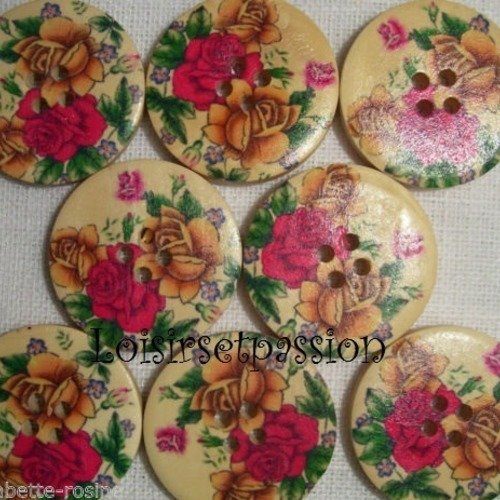30/017 ** 3 cm / 30 mm **  bouton rond bois vernis décoré - multi roses - couture mode vintage