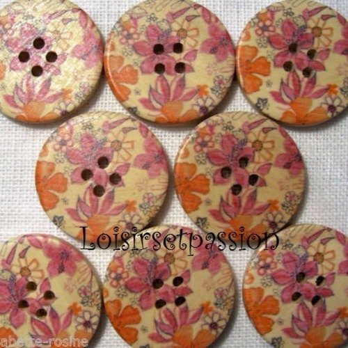 30/022 ** 3 cm / 30 mm **  bouton rond bois vernis décoré - fleurs ton rose orangé - couture mode vintage