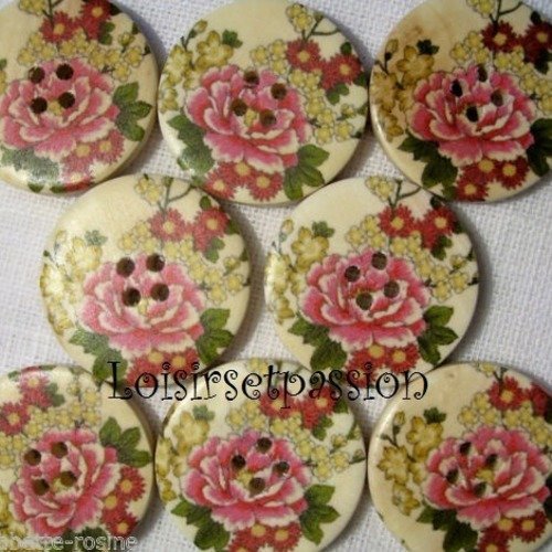 30/024 ** 3 cm / 30 mm **  bouton rond bois vernis décoré - bouquet de fleurs - couture mode vintage
