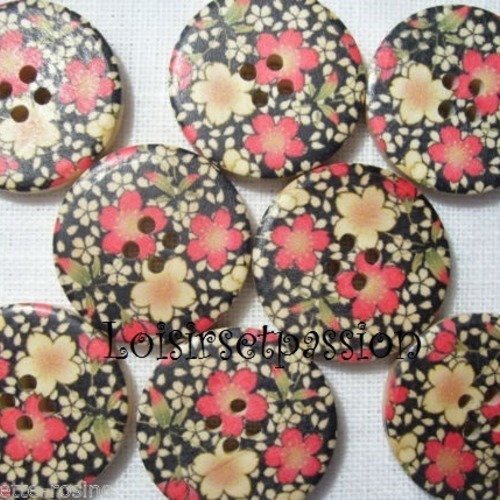 30/027 ** 3 cm / 30 mm **  bouton rond bois vernis décoré - tapis de fleurs - couture mode vintage