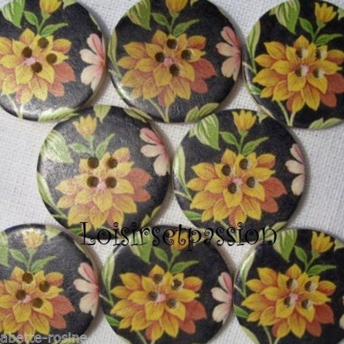 30/029 ** 3 cm / 30 mm **  bouton rond bois vernis décoré - fleur jaune fond noir - couture mode vintage