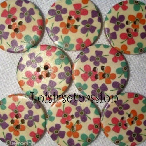 30/034 ** 3 cm / 30 mm **  bouton rond bois vernis décoré - petites fleur colorées - couture mode vintage