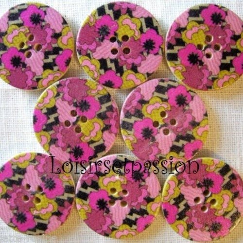 30/040 ** 3 cm / 30 mm **  bouton rond bois vernis décoré - fleurs naïves ton rose - couture mode vintage