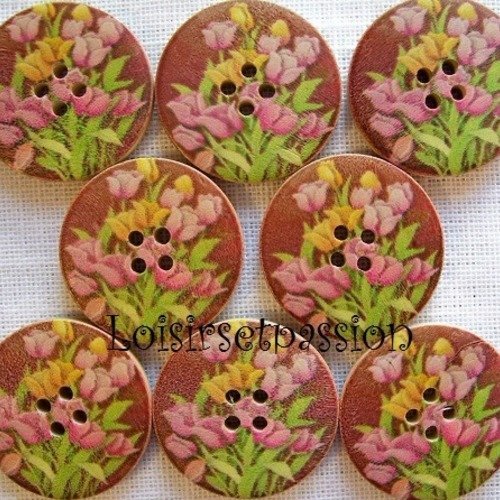 30/044 ** 3 cm / 30 mm **  bouton rond bois vernis décoré - fleurs tulipes - couture mode vintage