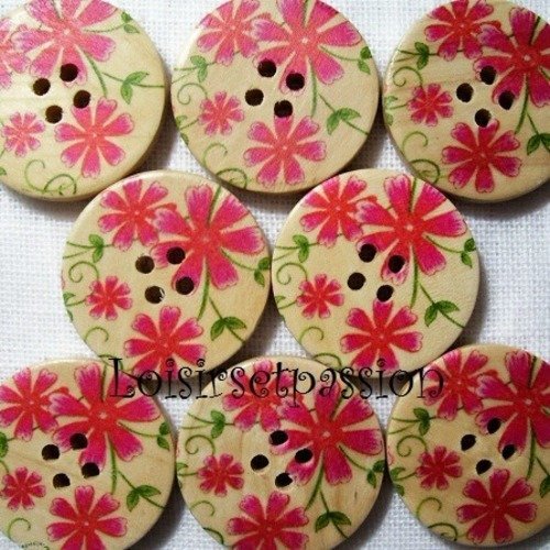 30/048 ** 3 cm / 30 mm **  bouton rond bois vernis décoré - fleurs rouges - couture mode vintage