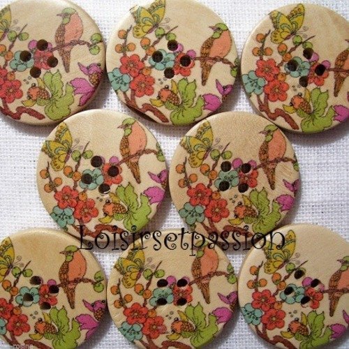 30/049 ** 3 cm / 30 mm **  bouton rond bois vernis décoré - oiseau sur branche fleurie - couture mode vintage