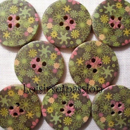 30/050 ** 3 cm / 30 mm **  bouton rond bois vernis décoré - fleurs rosaces ton vert mousse - couture mode vintage