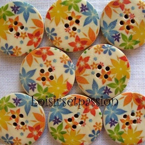 30/053 ** 3 cm / 30 mm **  bouton rond bois vernis décoré - tapis de fleurs colorées - couture mode vintage