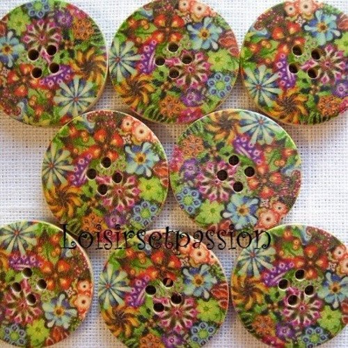 30/054 ** 3 cm / 30 mm **  bouton rond bois vernis décoré - tapis de fleurs variées - couture mode vintage