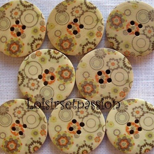 30/063 ** 3 cm / 30 mm **  bouton rond bois vernis décoré - fleurs naïves fond beige - couture mode vintage