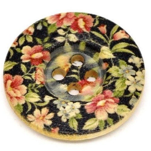 25/002 ** 2,5 cm / 25 mm **  bouton rond bois vernis décoré - fleurs ton rose noir - couture mode vintage