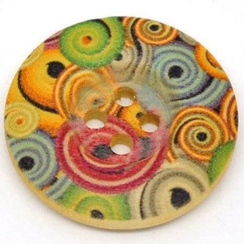 25/005 ** 2,5 cm / 25 mm **  bouton rond bois vernis décoré - rond cercle multicolore arc en ciel - couture mode vintage