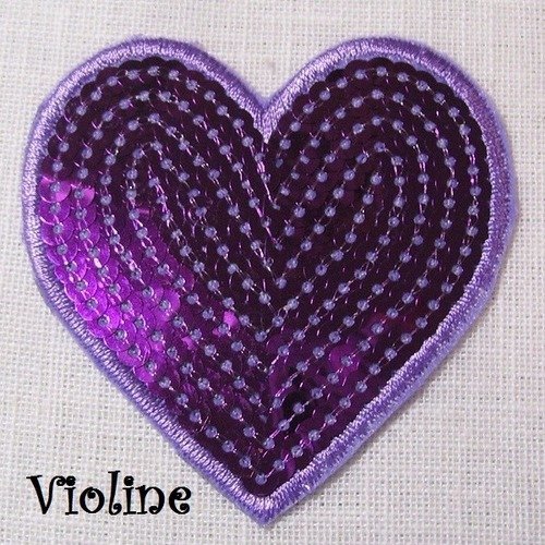 Écusson patch brodé thermocollant ** 7 x 7 cm ** coeur sequin valentin / violine - applique à repasser