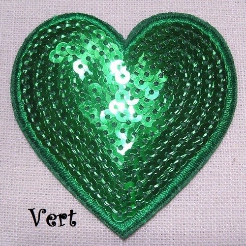 Écusson patch brodé thermocollant ** 7 x 7 cm ** coeur sequin valentin / vert - applique à repasser