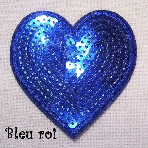 Écusson patch brodé thermocollant ** 7 x 7 cm ** coeur sequin valentin / bleu roi - applique à repasser
