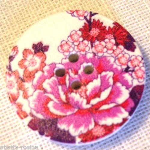 30/114 ** 3 cm / 30 mm **  bouton rond bois vernis décoré - fleur ton rose - couture mode vintage