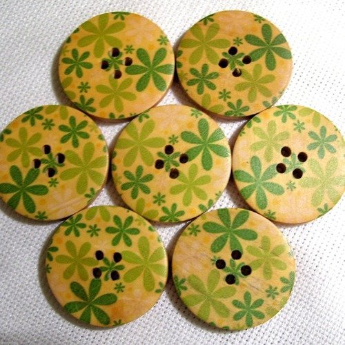 30/168 ** 3 cm / 30 mm **  bouton rond bois vernis décoré - fleur ton vert - couture mode vintage