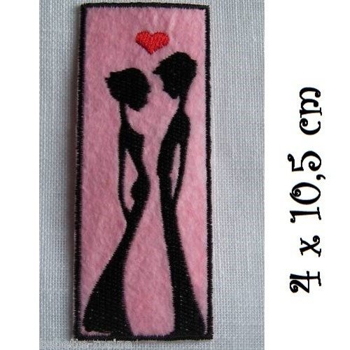 Patch écusson thermocollant - silhouettes coeur noir rose ** 4 x 10,5 cm **  applique à repasser