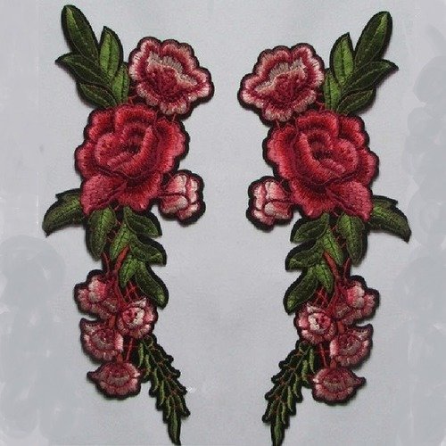 C5435 / c2344 - bouquet de fleurs roses symétrique ** 10 x 28 cm ** applique écusson patch