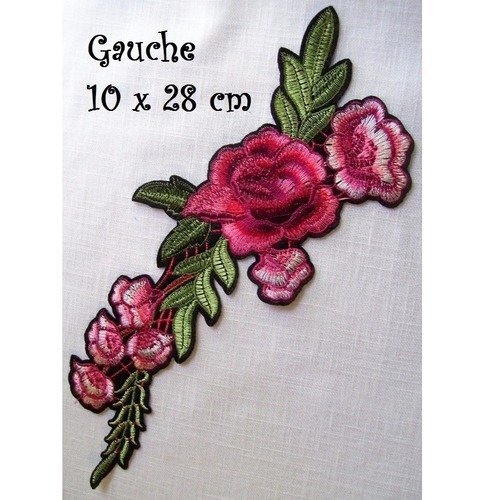 C2344 / gauche - bouquet de fleurs roses ** 10 x 28 cm ** écusson patch thermocollant