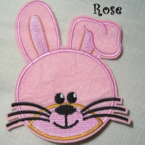 Écusson patch thermocollant - tête lapin bunny rose ** 10 x 13 cm **  applique brodée à repasser