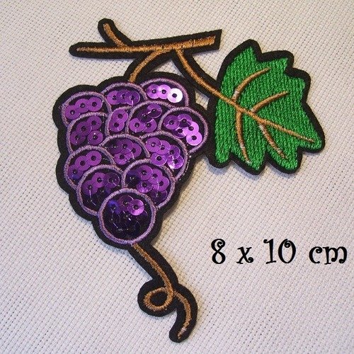 Écusson patch thermocollant - grappe raisin feuille vigne ** 8 x 10 cm ** applique brodée à repasser