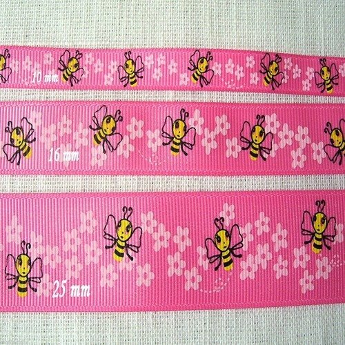 Ruban gros grain ** 10 mm ** abeille fleur fond fraise - galon imprimé - vendu par 50 cm