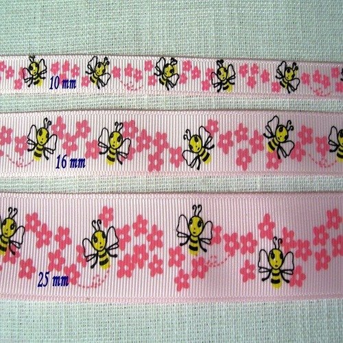 Ruban gros grain ** 25 mm ** abeille fleur fond rose clair - galon imprimé - vendu par 50 cm
