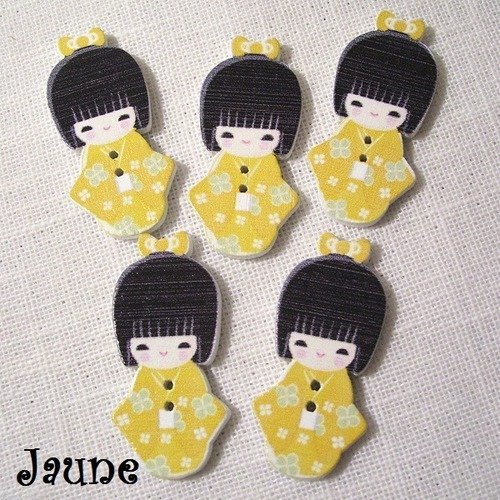 Bbf10 / jaune - bouton bois décoratif poupée chinoise kokeshi japonaise ** 2 x 4 cm ** vendu à l'unité