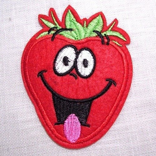 Patch écusson thermocollant - fruit fraise humoristique sourire smiley ** 7 x 9 cm ** applique à repasser