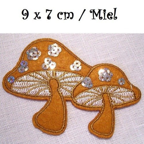 Écusson patch brodé thermocollant -  duo de champignon sequin miel ** 9 x 7 cm **  applique à repasser