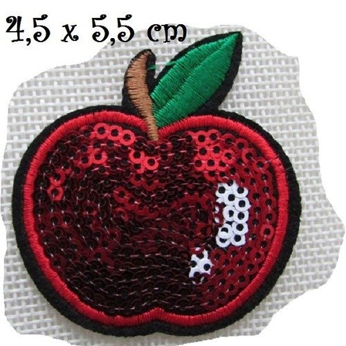 Patch écusson thermocollant - fruit pomme sequin rouge feuille ** 4,5 x 5,5 cm ** applique à repasser