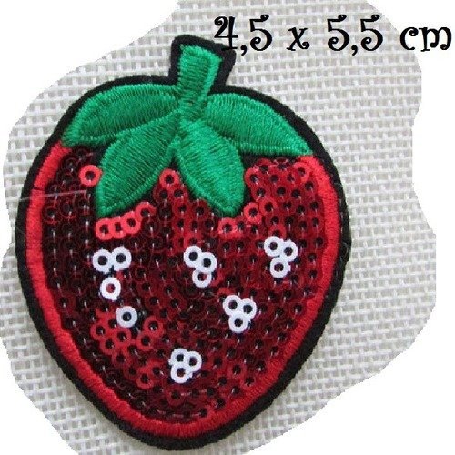 Patch écusson thermocollant - fruit fraise sequin rouge feuille ** 4,5 x 5,5 cm ** applique à repasser