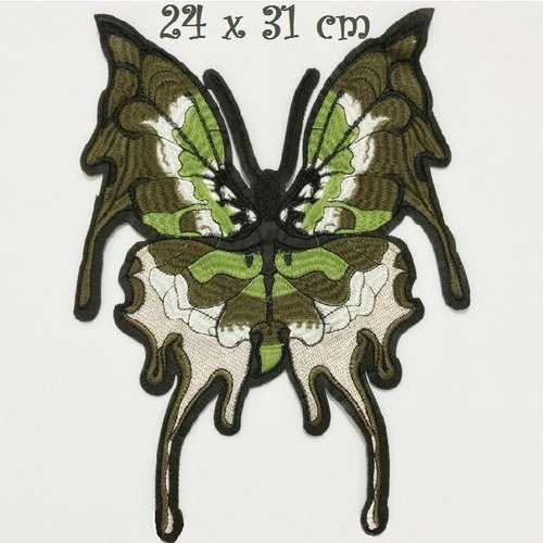Applique écusson patch à coudre ** 24 x 31 cm ** grand papillon ton vert kaki noir dégradé
