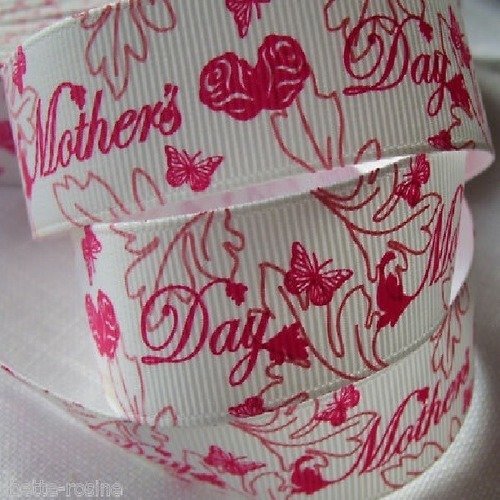 Ruban gros grain ** 22 mm ** happy mother's day fleur papillon rose - galon imprimé - vendu par 50 cm