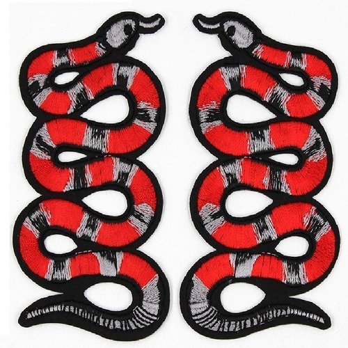 Patch écusson - lot de 2 serpent rouge gris noir symétrique ** 5,5 x 10 cm ** patch brodé thermocollant - applique à repasser