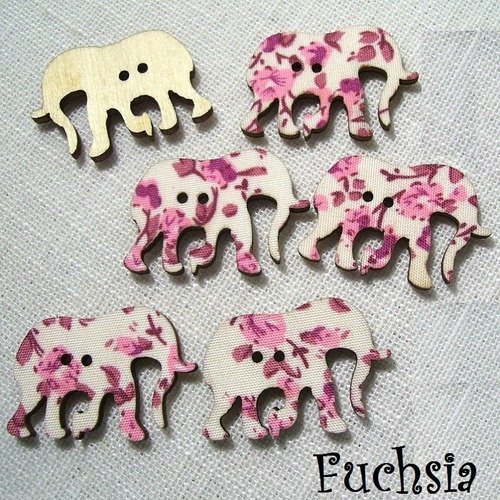 B29 / éléphant fuchsia - bouton bois décoratif - imprimé effet tissu fleuri ** 30 x 21 mm ** vendu à l'unité