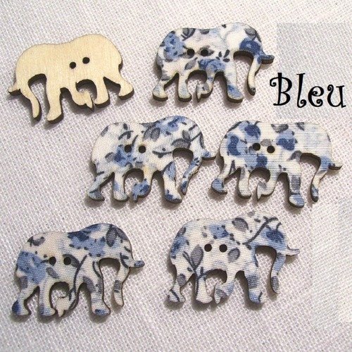 B29 / éléphant bleu - bouton bois décoratif - imprimé effet tissu fleuri ** 30 x 21 mm ** vendu à l'unité