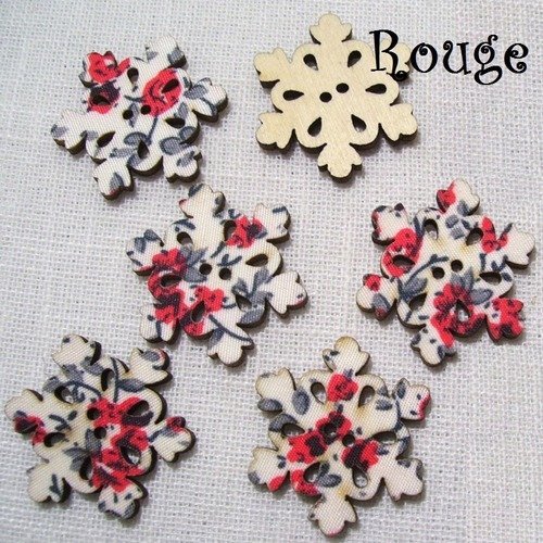 B29 / étoile flocon de neige noël rouge - bouton bois décoratif - imprimé effet tissu fleuri ** 30 x 30 mm ** vendu à l'unité