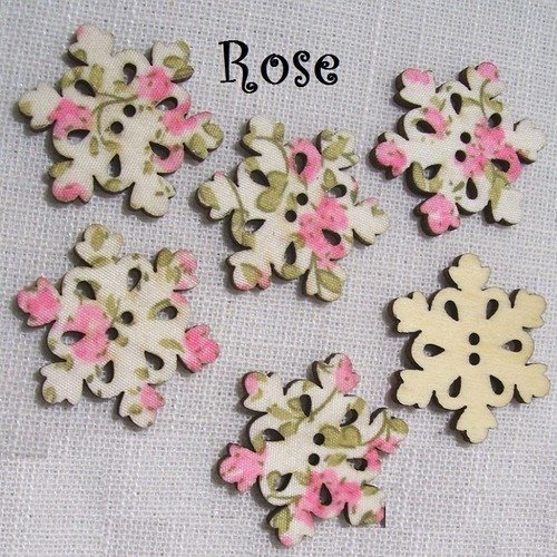 B29 / étoile flocon de neige noël rose - bouton bois décoratif - imprimé effet tissu fleuri ** 30 x 30 mm ** vendu à l'unité
