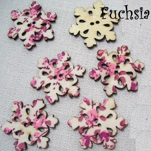 B29 / étoile flocon de neige noël fuchsia - bouton bois décoratif - imprimé effet tissu fleuri ** 30 x 30 mm ** vendu à l'unité