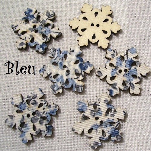 B29 / étoile flocon de neige noël bleu - bouton bois décoratif - imprimé effet tissu fleuri ** 30 x 30 mm ** vendu à l'unité