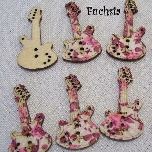 B29 / guitare musique fuchsia - bouton bois décoratif - imprimé effet tissu fleuri ** 19 x 35 mm ** vendu à l'unité