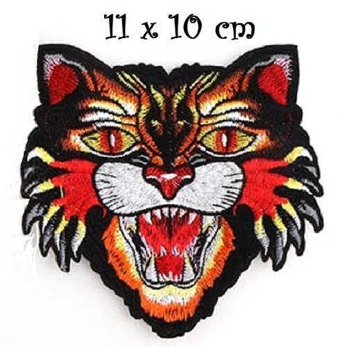 Patch écusson thermocollant - tête tigre rouge feu flamme ** moyen  : 11 x 10 cm ** applique à repasser