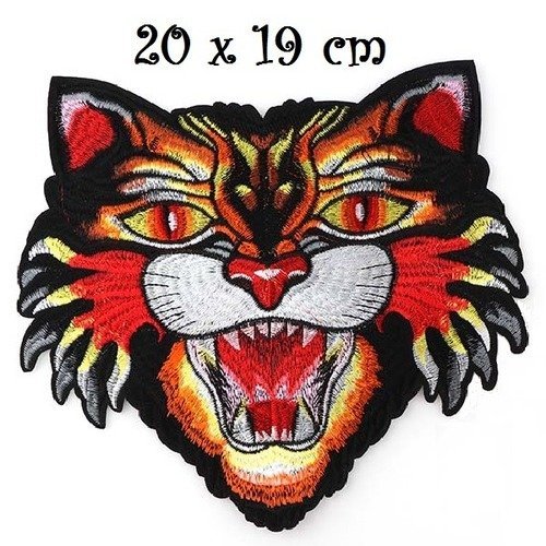 Patch écusson - tête tigre rouge feu flamme ** très grand : 20 x 19 cm ** applique à repasser